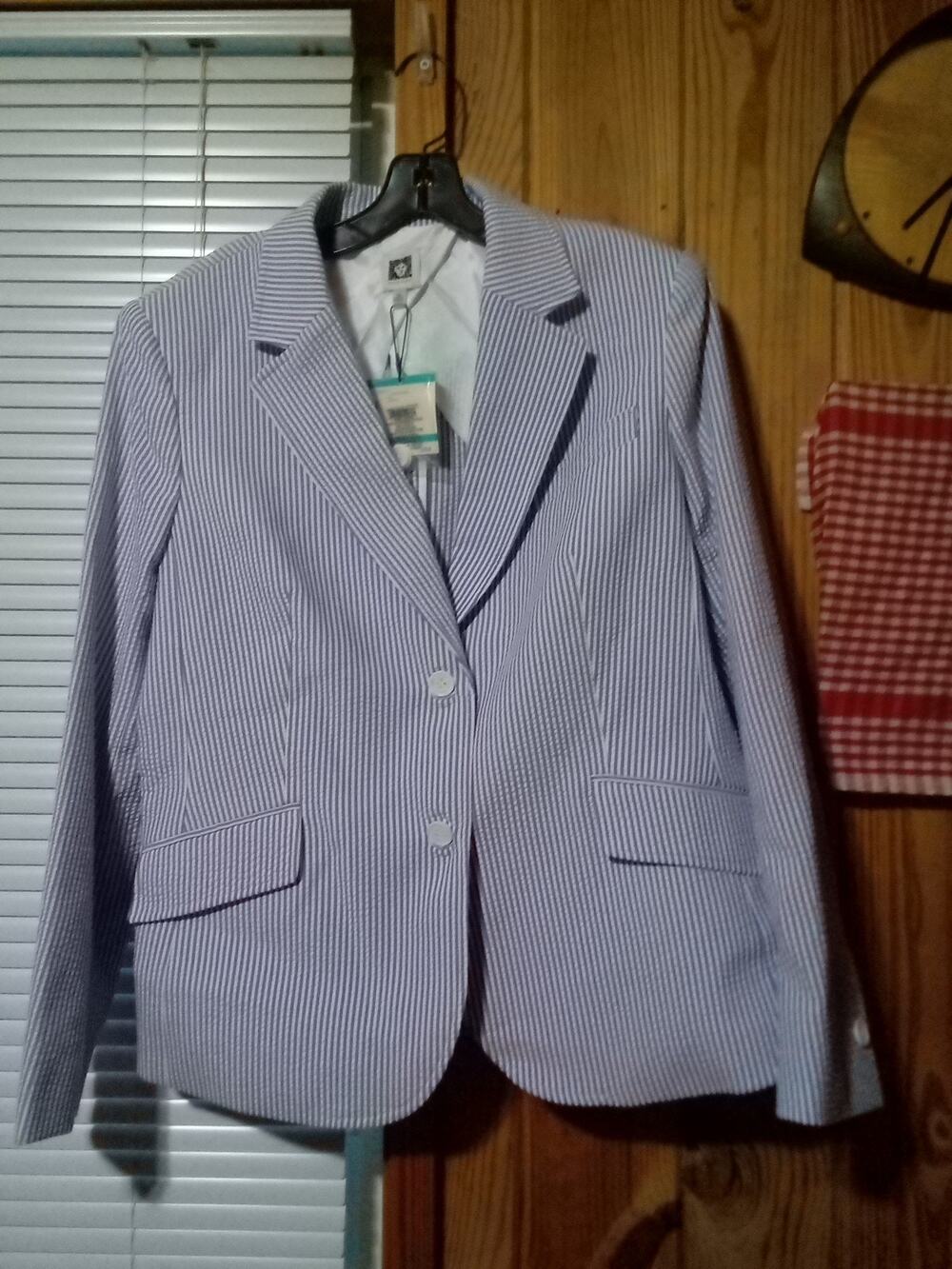 NWT Ann Klein Womens Rainshadow/White Double Breasted Blazer Polyester Cotton 16